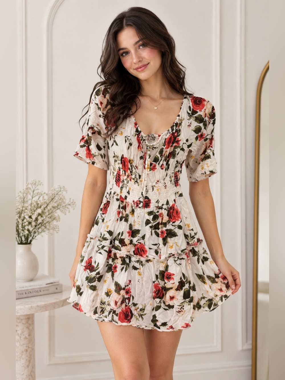 J For Justify XL White Floral Rose Smocked Waist Mini Dress